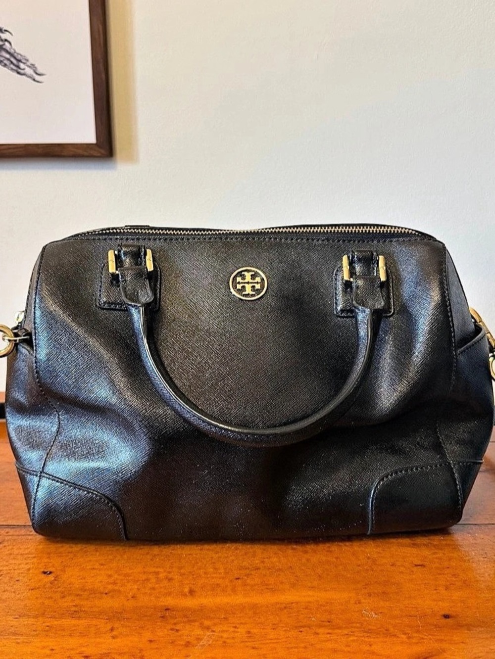 Tory Burch Black Leather Satchel with removable cross body strap
